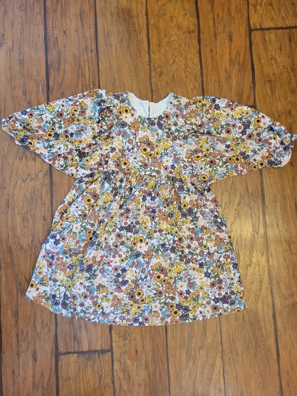 Bonnie Jean White Floral Puff-Sleeve Dress with Yellow and Brown Accents